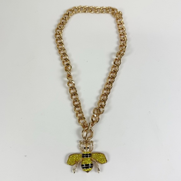 Bee Statement Necklace Gold Tone Multicolor Rhinestone Pendant Toggle Closure - Picture 1 of 4